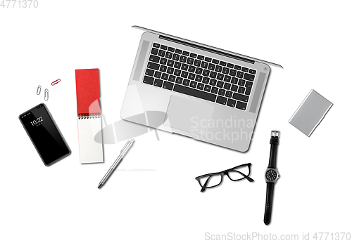 Image of Office desk mockup top view isolated on white