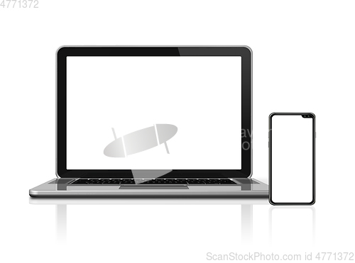 Image of Laptop and smartphone set mockup isolated on white. 3D render