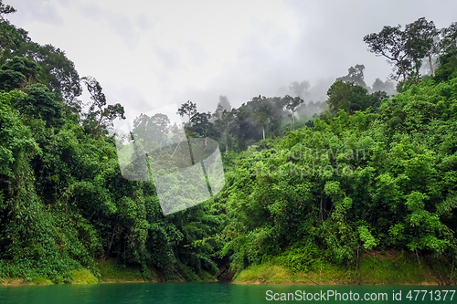 Image of Misty morning on Cheow Lan Lake, Khao Sok National Park, Thailan