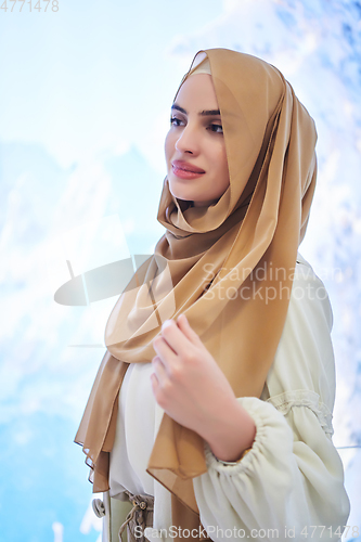 Image of Girl wearing hijab posing on winter concept background