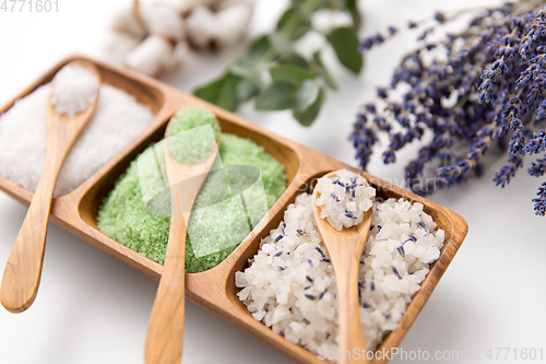 Image of sea salt with wooden spoons and herbs