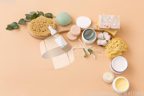 Image of soap, brush, sponge, clay mask and body butter