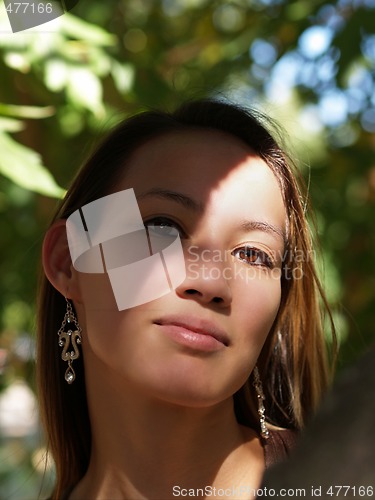 Image of Outdoor portrait half in light and shadow asian woman