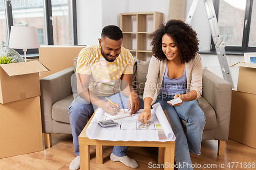 Image of couple with blueprint counting money at home