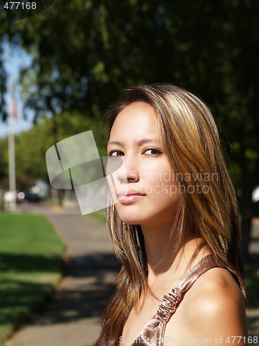 Image of Outdoor portrait of young asian american woman