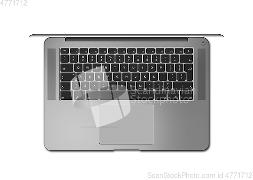 Image of Dark silver Open laptop. Top view 3D render isolated on white