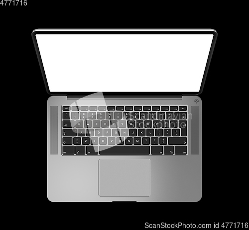 Image of Open laptop top view with blank screen, isolated on black. Dark 