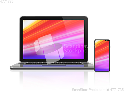 Image of Laptop and mobile phone set mockup isolated on white. 3D render