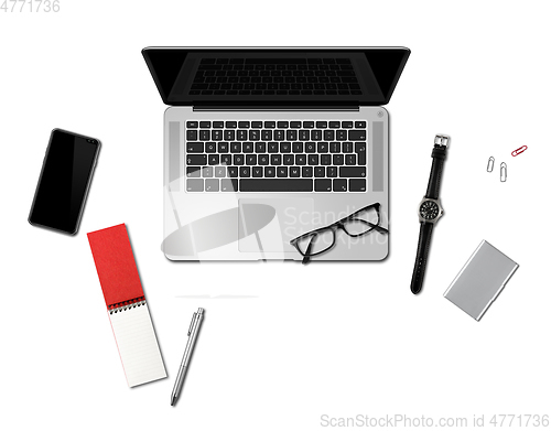Image of Office desk mockup top view isolated on white
