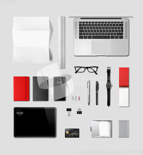 Image of Office desk branding mockup top view isolated on grey