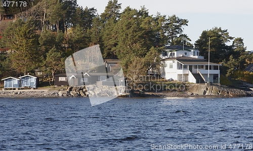 Image of Norwegain white house near the sea. 