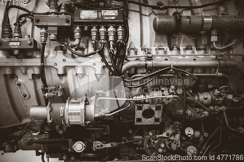 Image of Old vintage airplane engine. Black and white photo