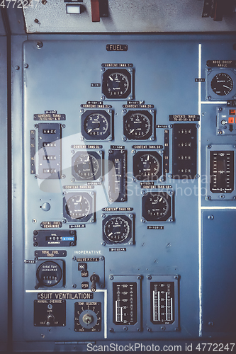 Image of Old airplane control panel in cockpit
