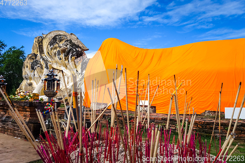 Image of Reclining Buddha, Wat Lokaya Sutharam temple, Ayutthaya, Thailan