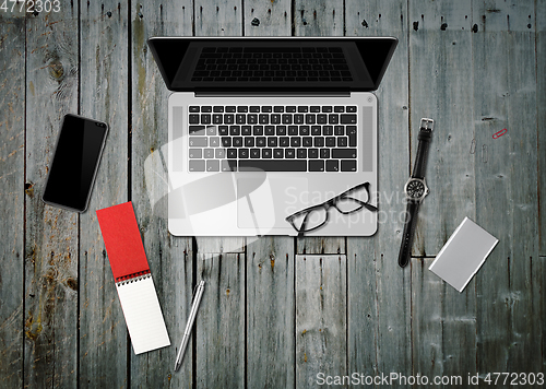 Image of Wooden office desk mockup top view