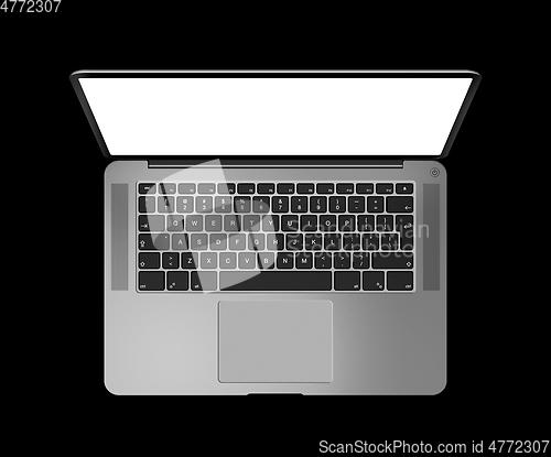 Image of Open laptop top view with blank screen, isolated on black. Dark 