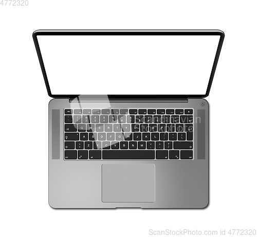 Image of Open laptop top view with blank screen, isolated on white. Dark 