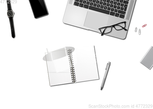 Image of Office desk mockup top view isolated on white