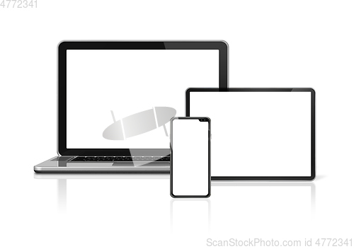 Image of Laptop, tablet and phone set mockup isolated on white. 3D render