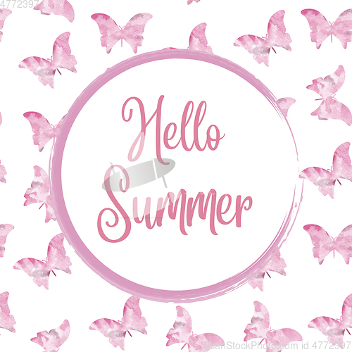 Image of Hello summer. Watercolor banner with butterflies