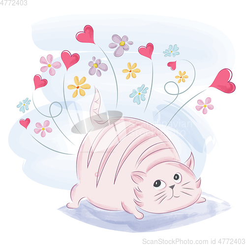 Image of Cute little kitten surrounded by hearts and flowers