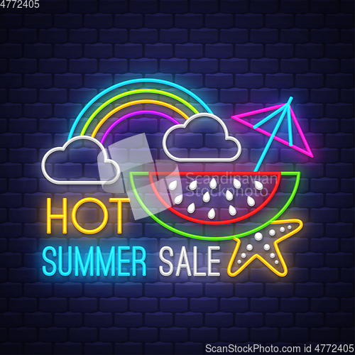 Image of Summer sale banner. Neon sign lettering