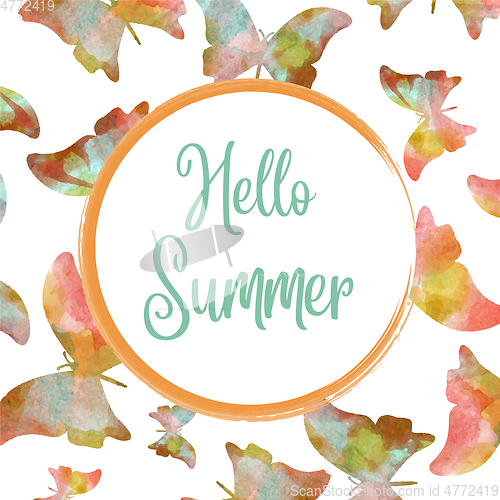 Image of Hello summer. Watercolor banner with butterflies