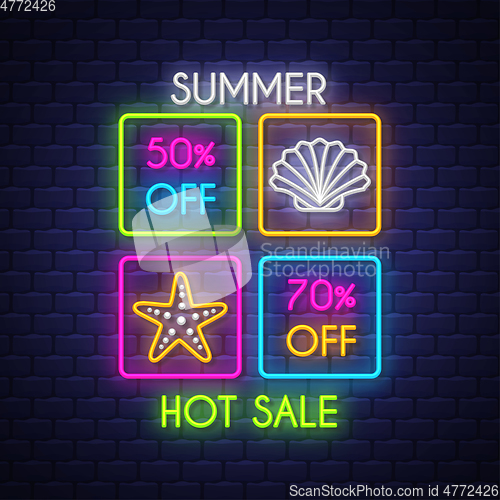 Image of Summer sale banner. Neon sign lettering.