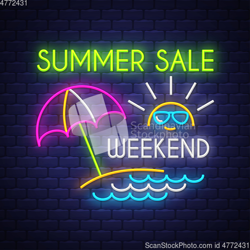 Image of Summer sale weekend banner. Neon sign lettering.