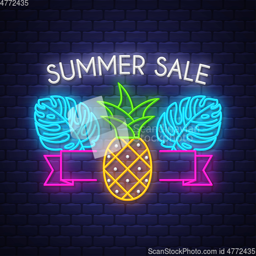 Image of Summer sale banner. Neon sign lettering