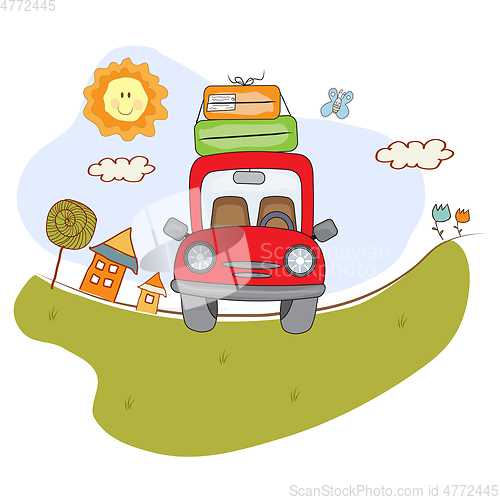 Image of Red car with suitcases on the road. Summer holiday poster