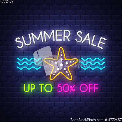 Image of Summer sale banner. Neon sign lettering.