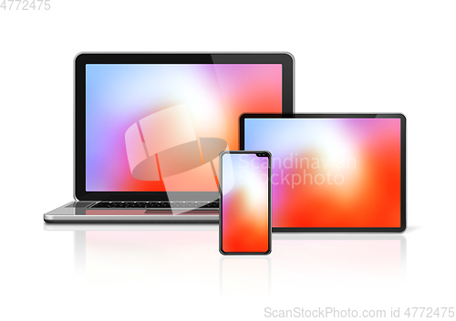 Image of Laptop, tablet and phone set mockup isolated on white. 3D render