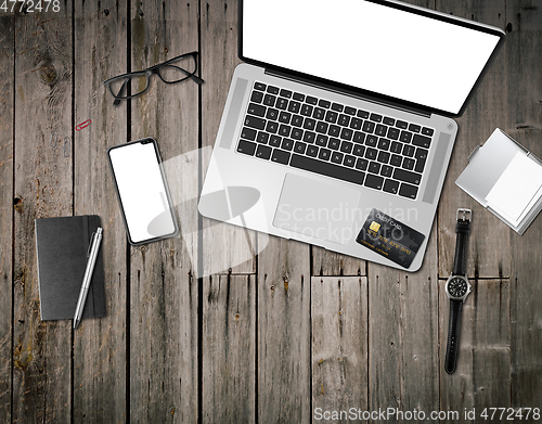 Image of Wooden office desk mockup top view