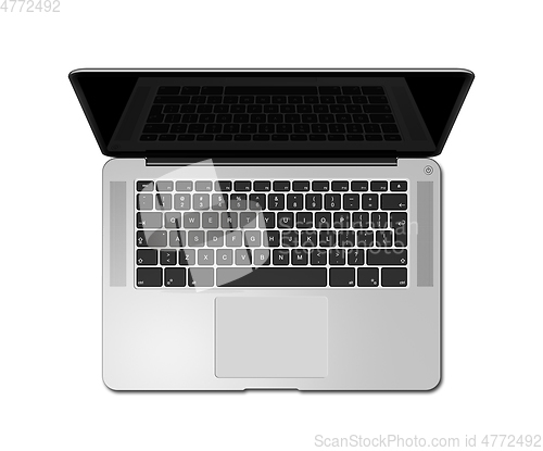 Image of Open laptop top view with black screen, isolated on white. 3D re