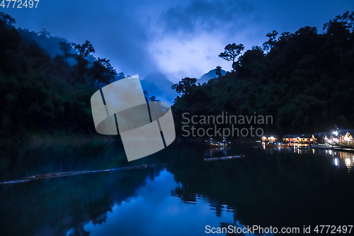 Image of Floating village at night, Cheow Lan Lake, Khao Sok, Thailand