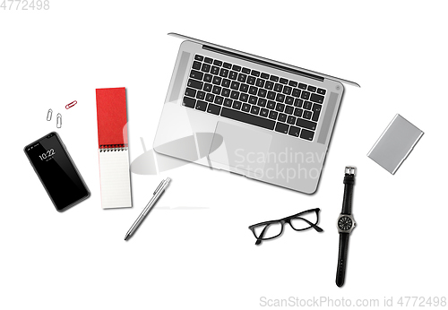 Image of Office desk mockup top view isolated on white
