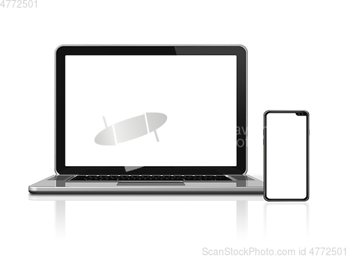 Image of Laptop and smartphone set mockup isolated on white. 3D render