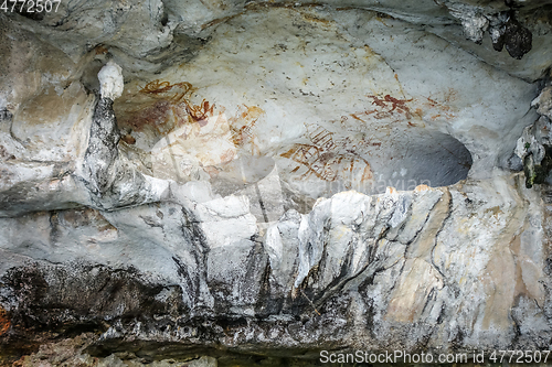 Image of Prehistoric paintings in a cave, Phang Nga Bay, Thailand