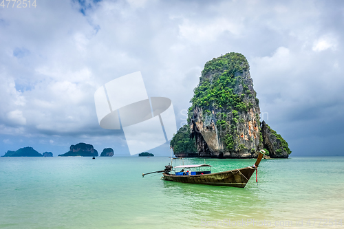 Image of Long tail boat on Phra Nang Beach, Krabi, Thailand