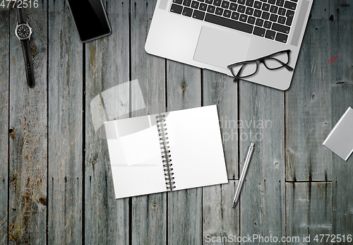 Image of Wooden office desk mockup top view