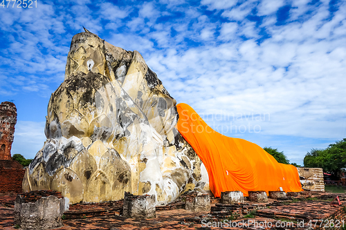 Image of Reclining Buddha, Wat Lokaya Sutharam temple, Ayutthaya, Thailan