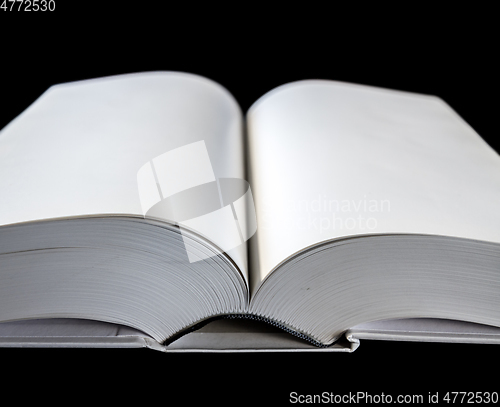 Image of Open blank dictionary, book on black background