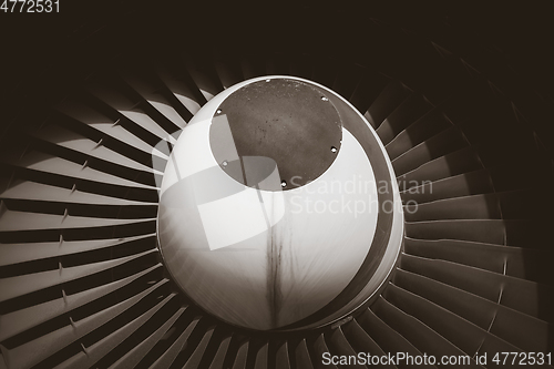 Image of Airplane engine detail. Black and white picture