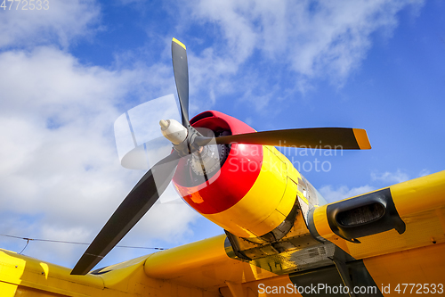 Image of Old Airplane engine and propeller detail