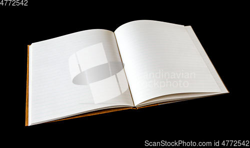 Image of Open blank notebook isolated on black