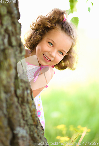 Image of Cute little girl is playing hide and seek