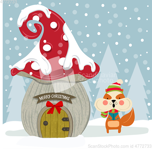 Image of Christmas card with cute squirrel and fairy house. Flat design. 