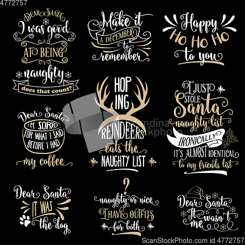 Image of Funny  Christmas quotes collection isolated on black. Vector