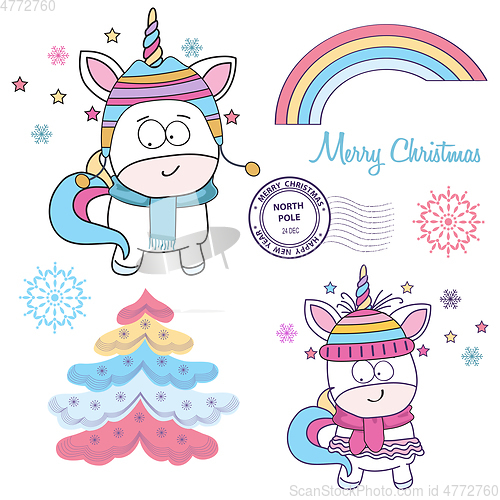 Image of Magical Christmas unicorns collection on white background